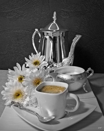 Morning Coffee w White Mums BW w Color