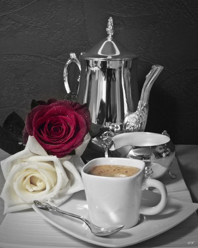 Morning Coffee Roses BW w Color