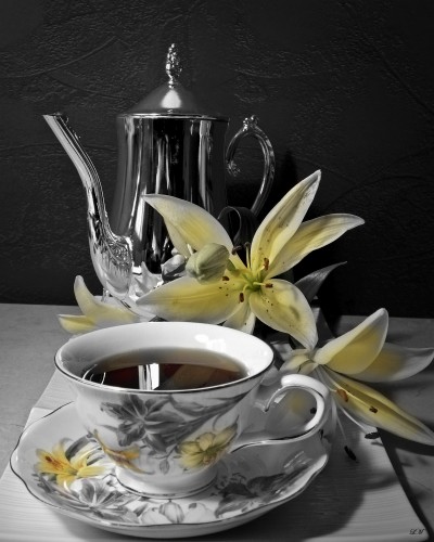 Tea Time Lilies BW w Color