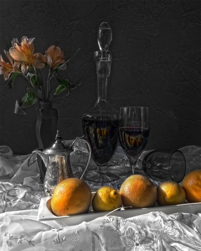 Wine Oranges Lemons BW Color